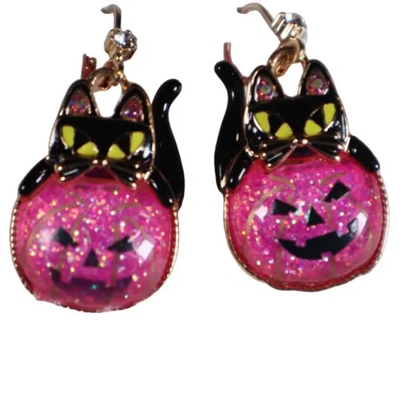 New Betsey Johnson Faux Stone Cat Pumpkin Drop Earrings - Picture 5 of 8